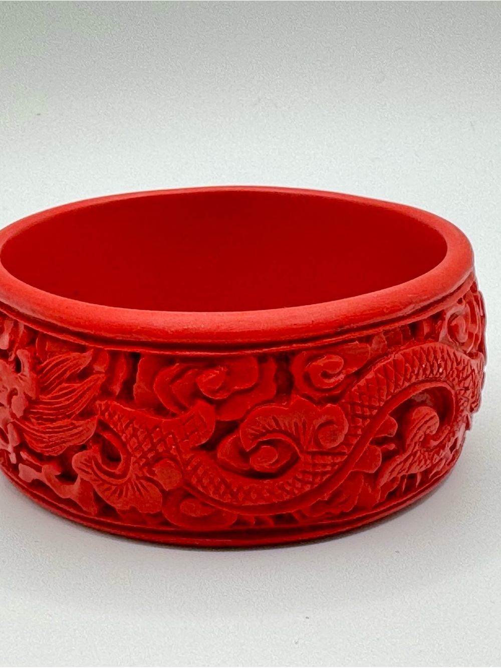 Cinnabar Bangle with Carved Floral Design Vintage Red, 2.5 Inch